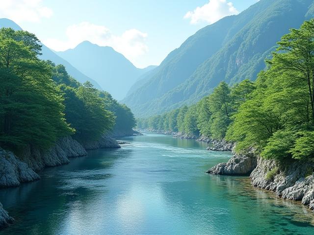 日本の山と澄んだ川の風景