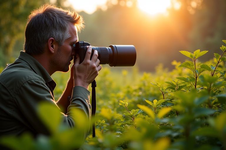 豊かな緑の中で野生生物の写真を撮るカメラマン、ワークショップ参加者を示唆