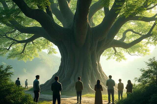 日本の古代の楠の木の下に立つ人々